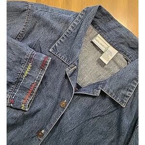 VTG Denim Shacket 2X Plus Floral Embroidered Cottagecore Romantic Coastal Luxe